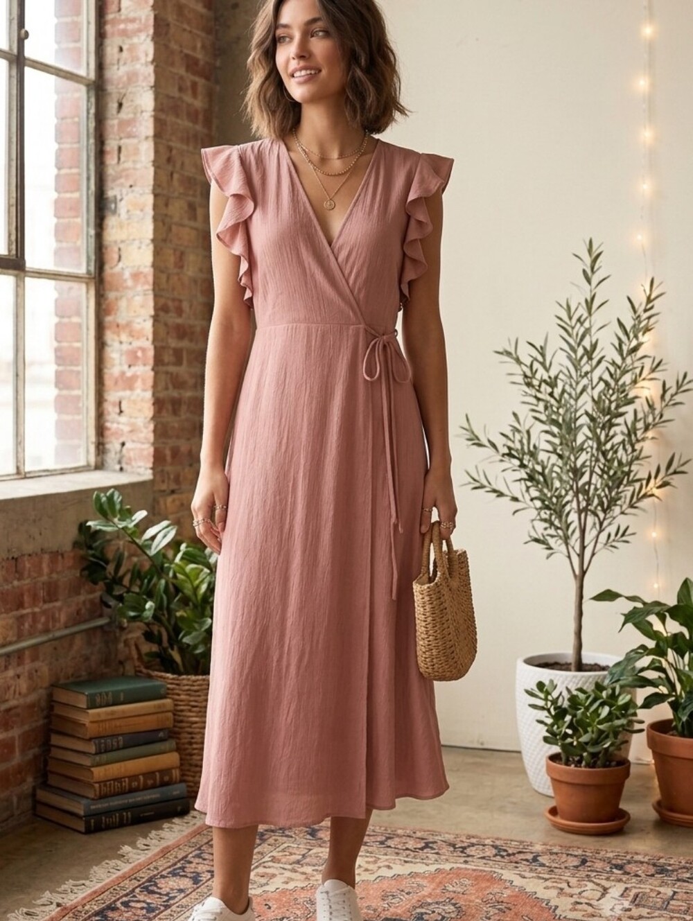 Le Lis Dusty Rose Ruffle Sleeve Wrap Midi Dress